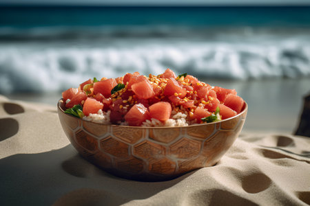 Hawaiian salmon tikka salad in a bowl on the beachの素材