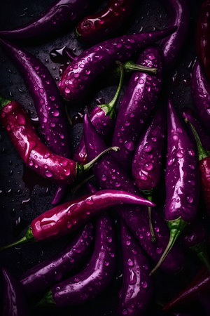 Red hot chili peppers with drops of water on a black background.の素材