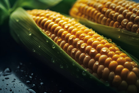 Fresh corn on the cob with water drops on a black background.の素材
