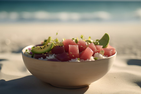 Hawaiian tuna salad in a bowl on the beach. Toned.の素材