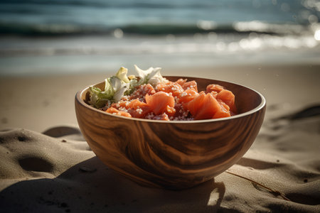 Salmon salad in wooden bowl on the beach. Toned.の素材