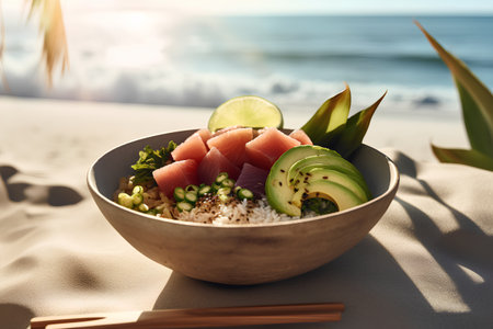 Hawaiian salmon poke bowl with rice, avocado, cucumber and sesame seedsの素材