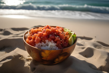 Salmon poke bowl with avocado and mango on the beach. Toned.の素材