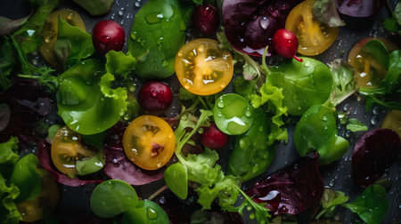 Mix of fresh green salad with radish, lettuce, cherry tomatoes and arugula on black backgroundの素材