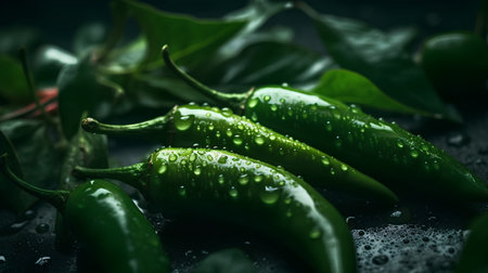 Green hot chili peppers with drops of water on a dark background.の素材