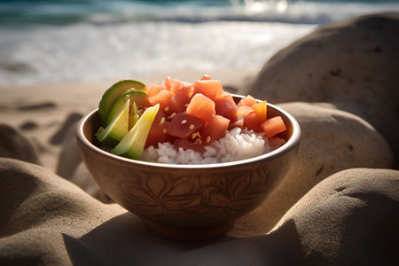 Hawaiian salmon poke bowl with rice and avocado on the beachの素材