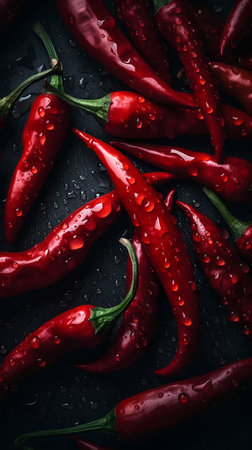 Red hot chili peppers with water drops on black background. Top viewの素材