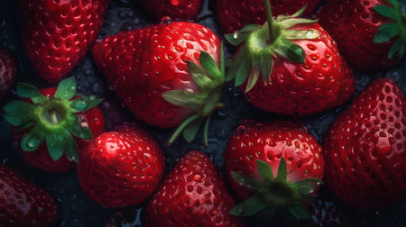 Fresh strawberries on dark background. Top view. Close-up.の素材
