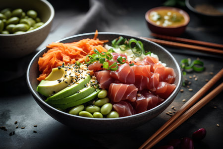 Hawaiian salmon poke bowl with avocado, sesame seeds, pickled cucumber, soy sauce and chopsticks on black backgroundの素材