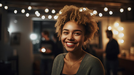 Portrait of smiling african american woman with Afro hairstyle in cafe.の素材