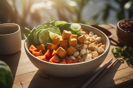 Bowl of Tofu salad with fresh vegetables and sesame seeds