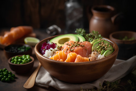 Hawaiian salmon poke bowl with avocado, rice, seaweed, sesame seeds and avocado dressingの素材