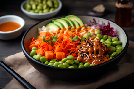 Bowl of poke bowl with salmon, avocado, edamame beans, carrots, soy sauce and sesame seeds on wooden backgroundの素材