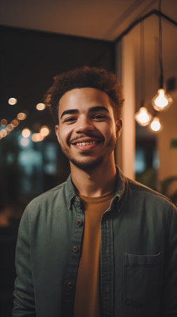 Portrait of a smiling young man standing in a cafe at nightの素材