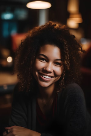 Portrait of beautiful young african american woman smiling in cafeの素材