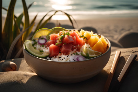 Hawaiian salmon poke bowl with rice, avocado, cucumber and mango on the beachの素材