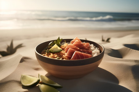 Hawaiian salmon poke bowl with rice, avocado and lime on the beach.の素材