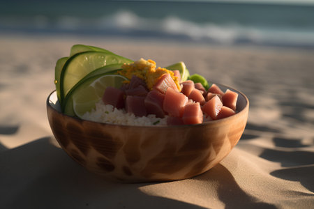 Hawaiian salmon poke bowl with rice, avocado and lime on the beachの素材