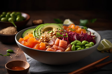 Hawaiian poke bowl with salmon, avocado, seaweed and sesame seedsの素材