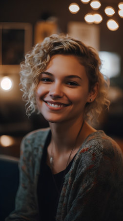 Portrait of a beautiful smiling young woman sitting in a cafe.の素材