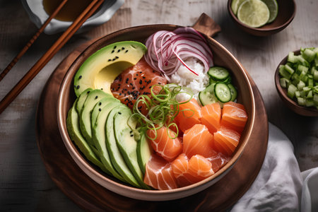 Hawaiian salmon poke bowl with avocado, cucumber and onionの素材