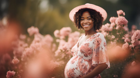 Beautiful african american pregnant woman in pink dress and hat in blooming gardenの素材