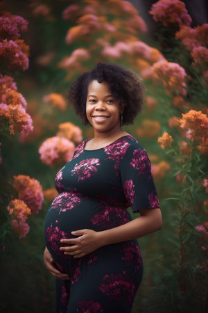 Portrait of beautiful african american pregnant woman in the gardenの素材