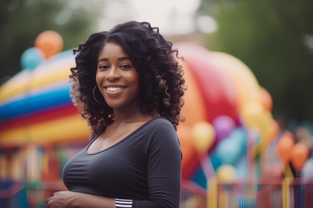 Beautiful african american woman in amusement park, outdoor shotの素材