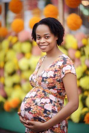 happy african american pregnant woman in floral dress at flower marketの素材