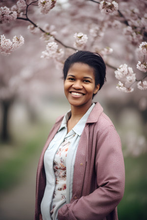 Portrait of a smiling young african american woman standing in a blooming cherry gardenの素材
