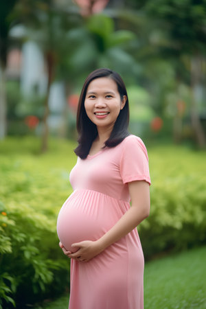 Portrait of beautiful asian pregnant woman in pink dress smiling and looking at camera.の素材