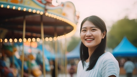 Beautiful asian woman riding a merry-go-round in amusement parkの素材