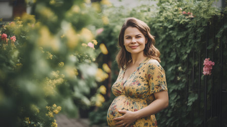 Beautiful pregnant woman in yellow dress posing in the flower garden.の素材