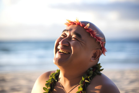 Asian woman wearing hawaiian flower headband on the beach.の素材