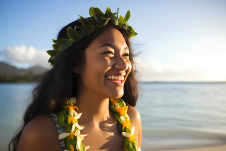 Portrait of a beautiful young asian woman wearing hawaiian wreath on the beachの素材