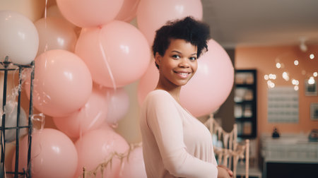 Portrait of beautiful african american woman with balloons at birthday partyの素材