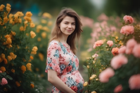 Portrait of a beautiful pregnant woman in the garden with flowers.の素材