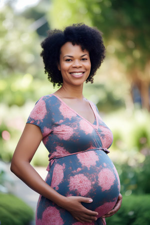 Portrait of a beautiful african american pregnant woman in the parkの素材