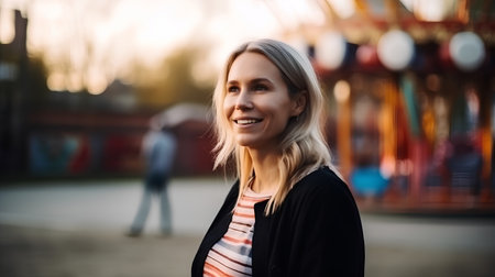 Beautiful young woman on the background of amusement park at sunset.の素材