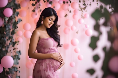 Portrait of a beautiful young asian pregnant woman in pink dressの素材