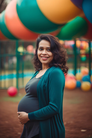 Portrait of a beautiful pregnant woman in a green dress posing on the playground.の素材