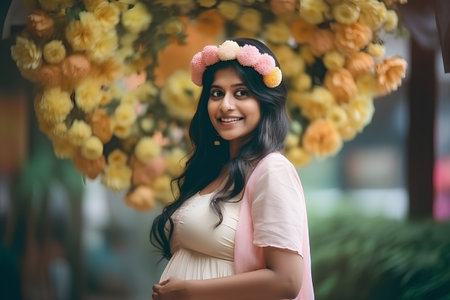 Portrait of a beautiful young woman with flowers in her hair.の素材