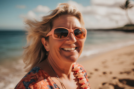 Portrait of happy senior woman in sunglasses on tropical beach at sunsetの素材