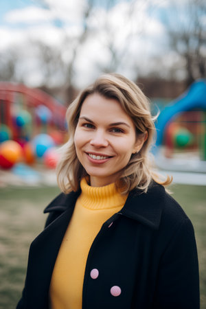 Portrait of a beautiful young woman in a yellow sweater and black coat on the playground.の素材