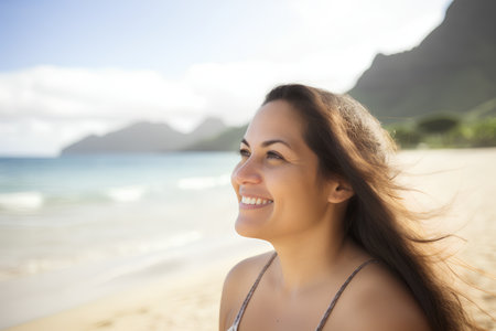 Portrait of a happy young woman on the beach at sunny dayの素材
