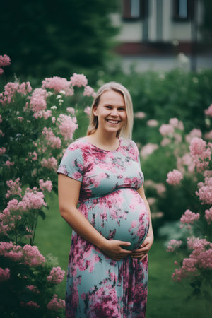 Beautiful pregnant woman in the park on a background of flowers.の素材