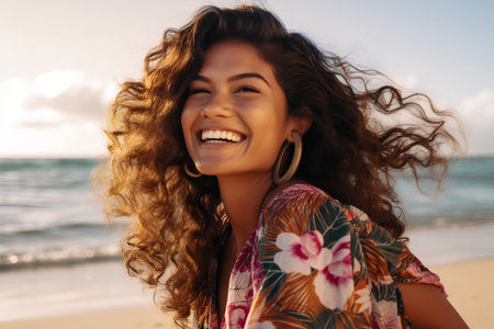 Portrait of a beautiful young asian woman smiling on the beachの素材