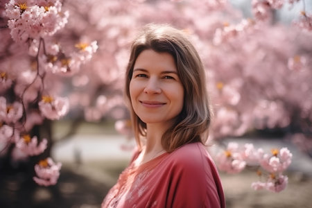 Portrait of a beautiful young woman in the spring cherry blossom gardenの素材