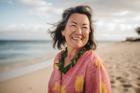 Portrait of a happy senior woman standing on the beach at sunriseの素材