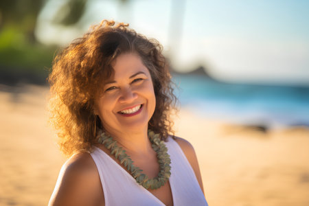 Portrait of a beautiful middle aged woman on the beach at sunsetの素材